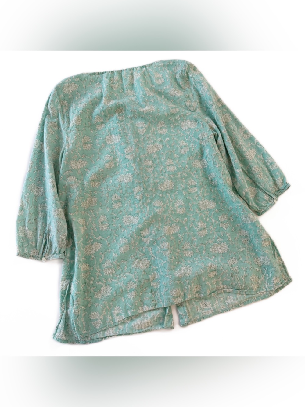 J. Jill Pure Jill Shirt Women Medium Button Front Tunic Aqua Vines Indian Cotton - Picture 7 of 7